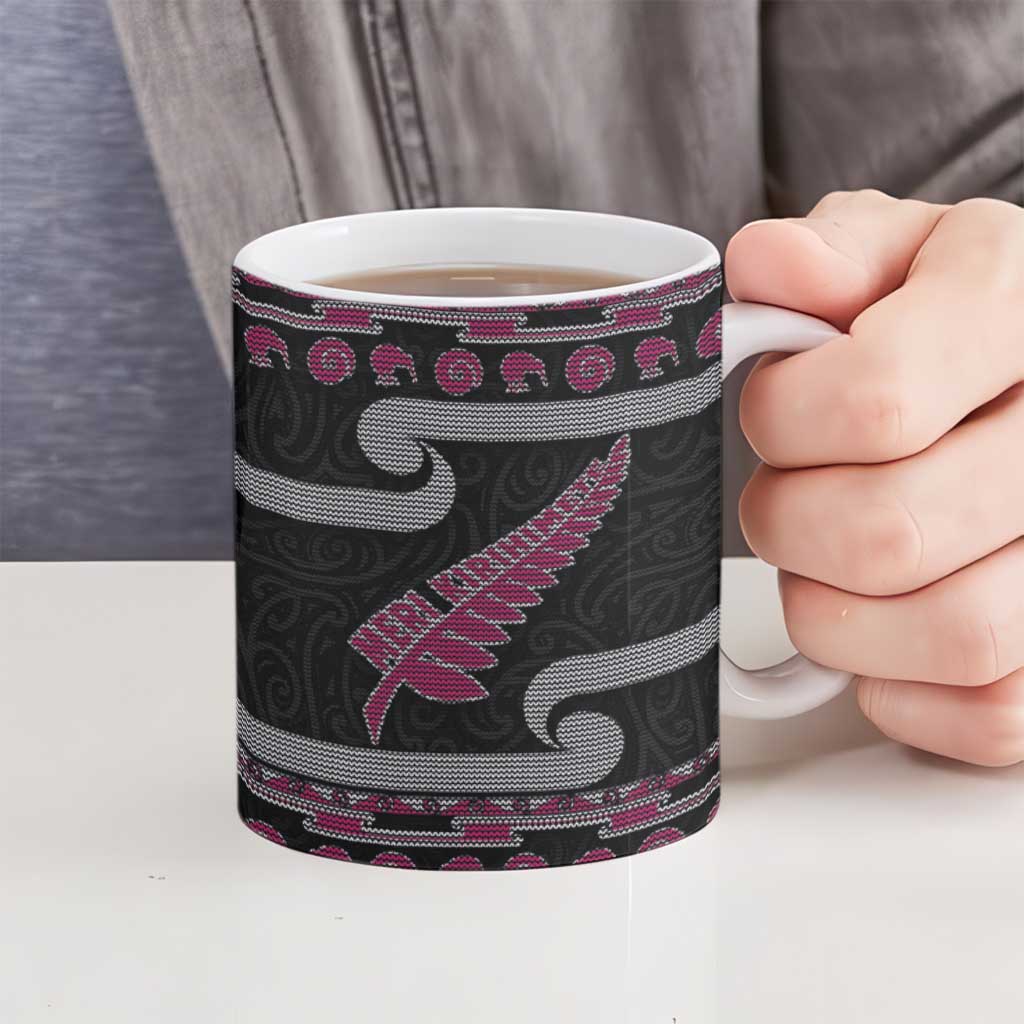 New Zealand Christmas Ceramic Mug Meri Kirihimete Silver Fern Knit Style Pink Color - Polynesian Pride