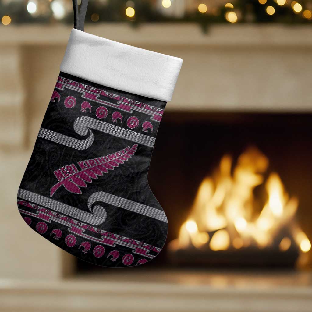 New Zealand Christmas Stocking Meri Kirihimete Silver Fern Knit Style Pink Color - Polynesian Pride