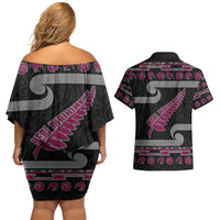 New Zealand Christmas Couples Matching Off Shoulder Short Dress and Hawaiian Shirt Meri Kirihimete Silver Fern Knit Style Pink Color - Polynesian Pride