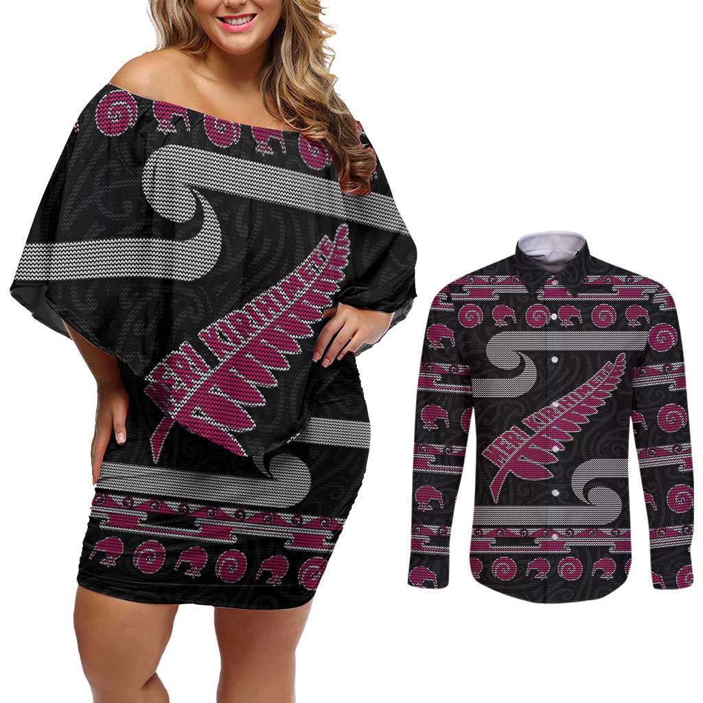 New Zealand Christmas Couples Matching Off Shoulder Short Dress and Long Sleeve Button Shirt Meri Kirihimete Silver Fern Knit Style Pink Color LT03 Pink - Polynesian Pride