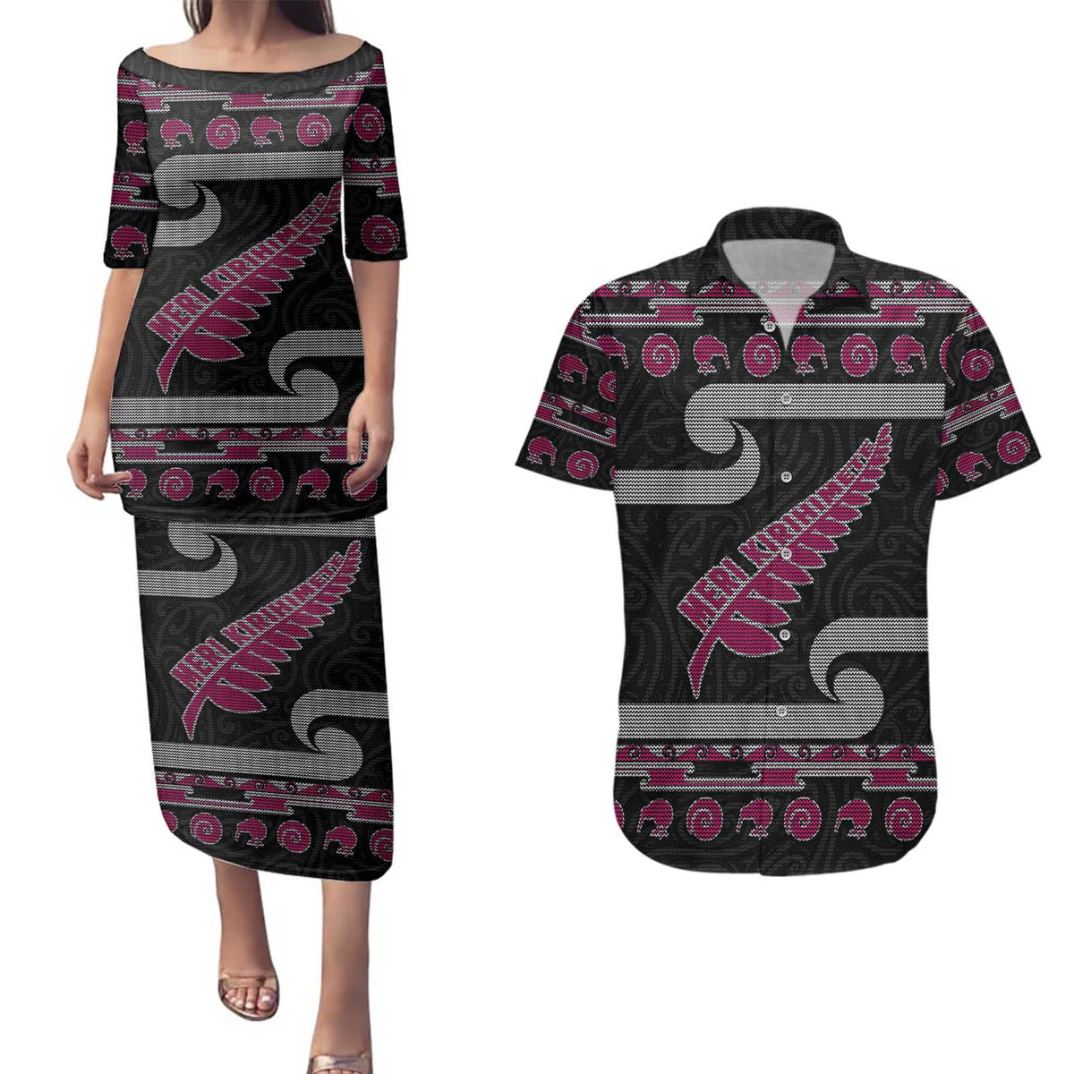 New Zealand Christmas Couples Matching Puletasi and Hawaiian Shirt Meri Kirihimete Silver Fern Knit Style Pink Color - Polynesian Pride