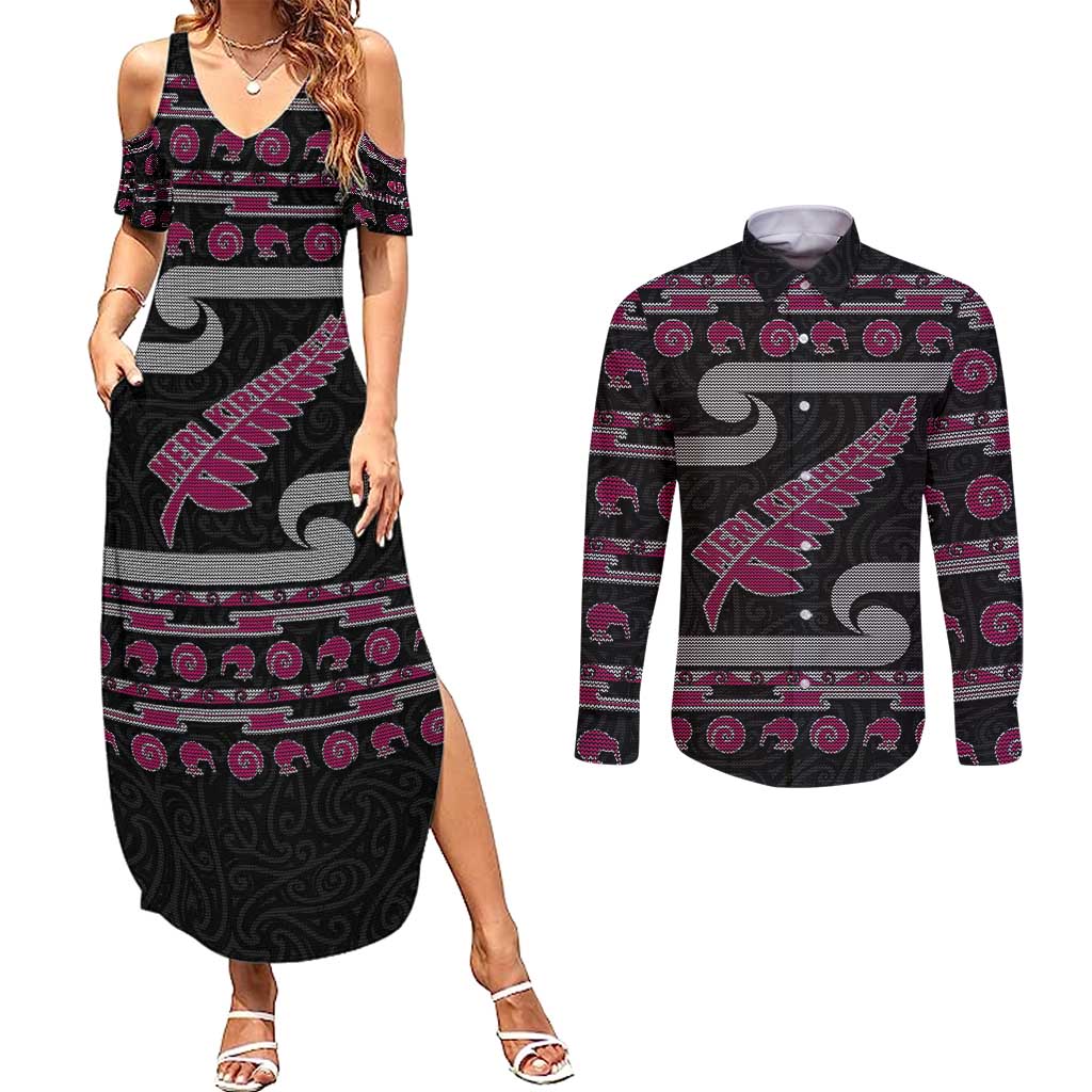 New Zealand Christmas Couples Matching Summer Maxi Dress and Long Sleeve Button Shirt Meri Kirihimete Silver Fern Knit Style Pink Color - Polynesian Pride