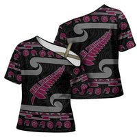 New Zealand Christmas Cross Shoulder Shirt Meri Kirihimete Silver Fern Knit Style Pink Color - Polynesian Pride