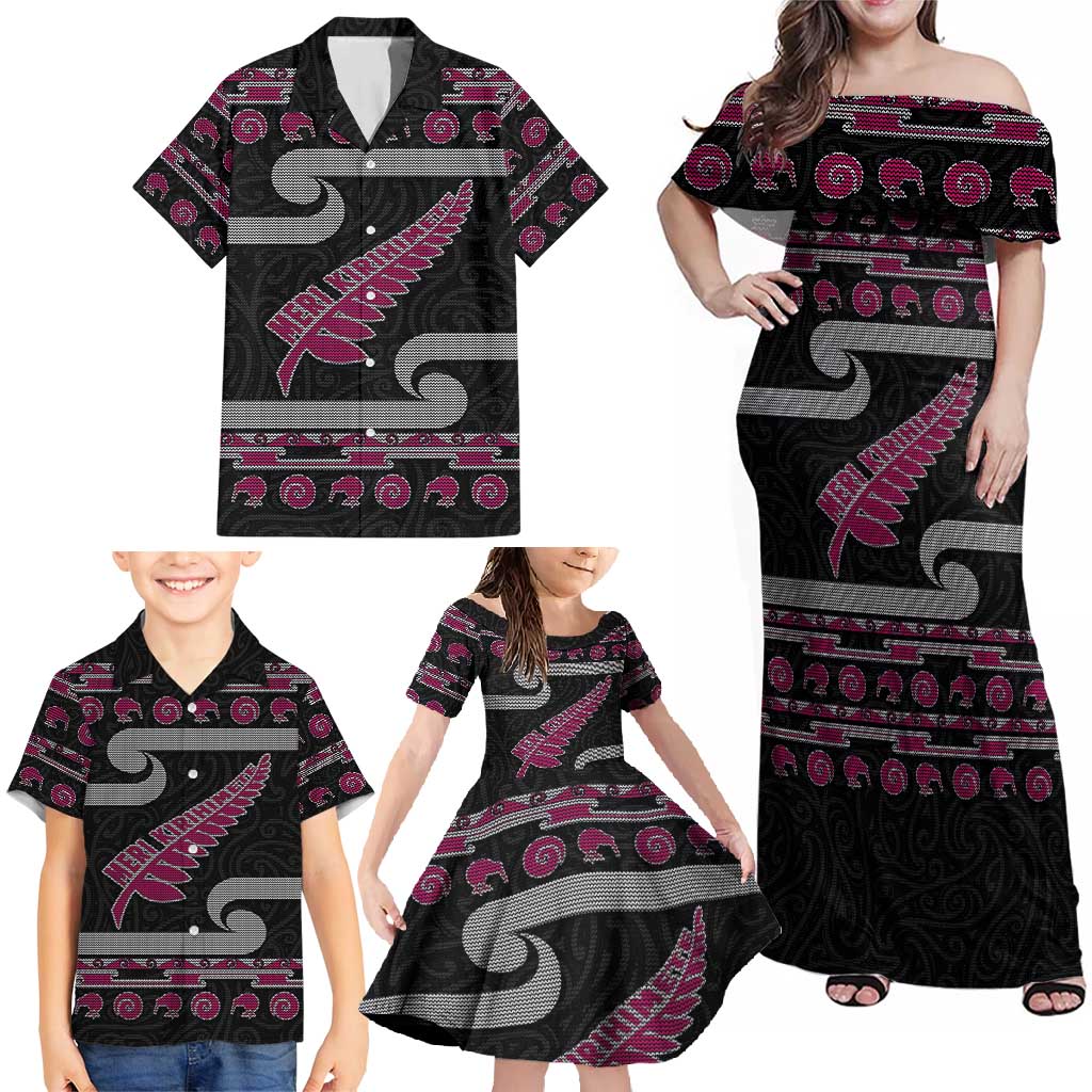 New Zealand Christmas Family Matching Off Shoulder Maxi Dress and Hawaiian Shirt Meri Kirihimete Silver Fern Knit Style Pink Color - Polynesian Pride