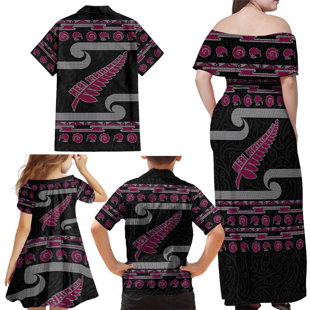 New Zealand Christmas Family Matching Off Shoulder Maxi Dress and Hawaiian Shirt Meri Kirihimete Silver Fern Knit Style Pink Color - Polynesian Pride