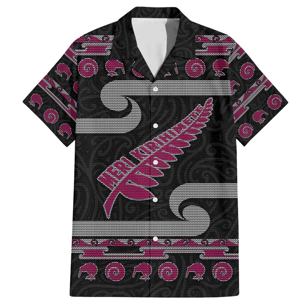 New Zealand Christmas Family Matching Off Shoulder Maxi Dress and Hawaiian Shirt Meri Kirihimete Silver Fern Knit Style Pink Color - Polynesian Pride