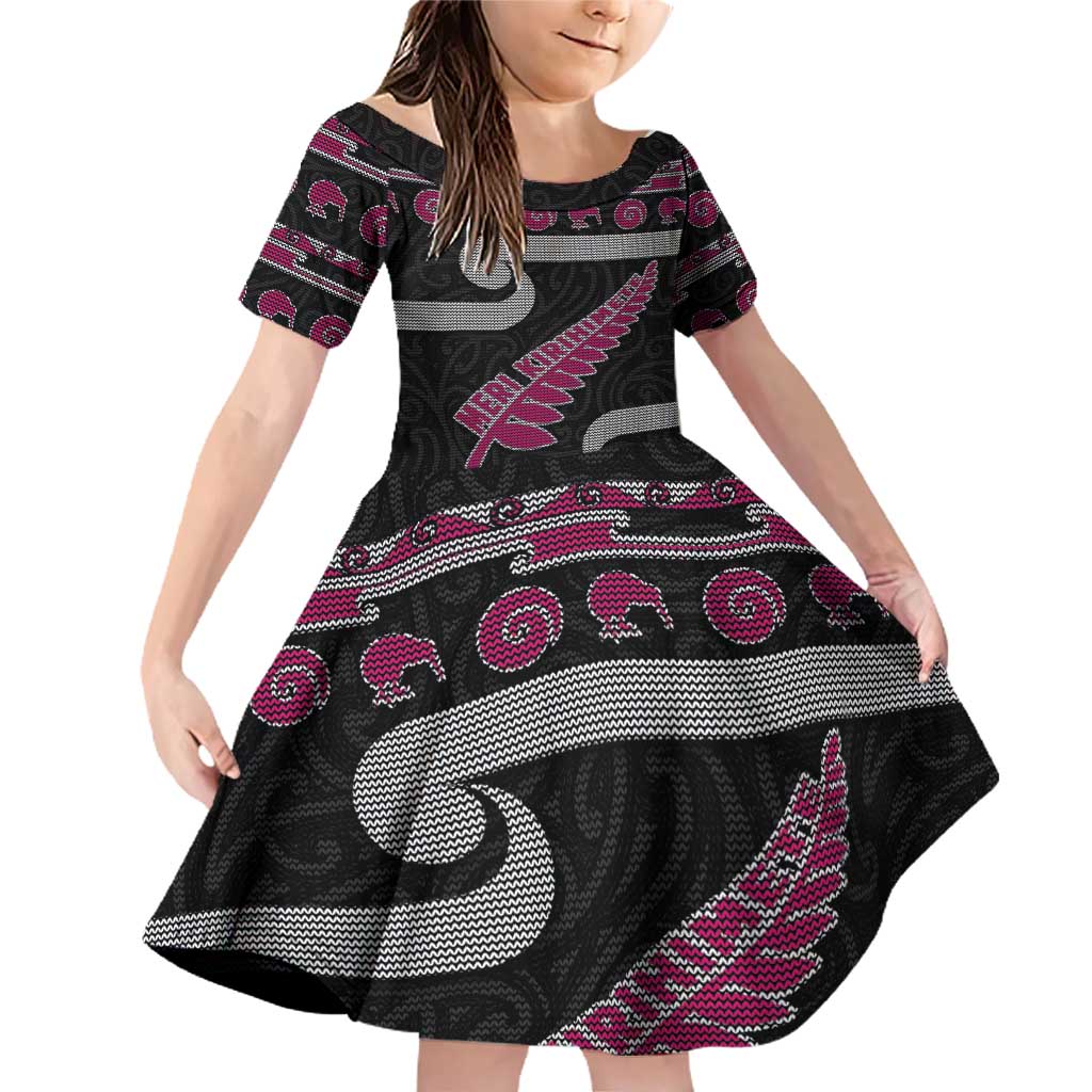 New Zealand Christmas Family Matching Off Shoulder Short Dress and Hawaiian Shirt Meri Kirihimete Silver Fern Knit Style Pink Color - Polynesian Pride