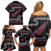 New Zealand Christmas Family Matching Off Shoulder Short Dress and Hawaiian Shirt Meri Kirihimete Silver Fern Knit Style Pink Color - Polynesian Pride