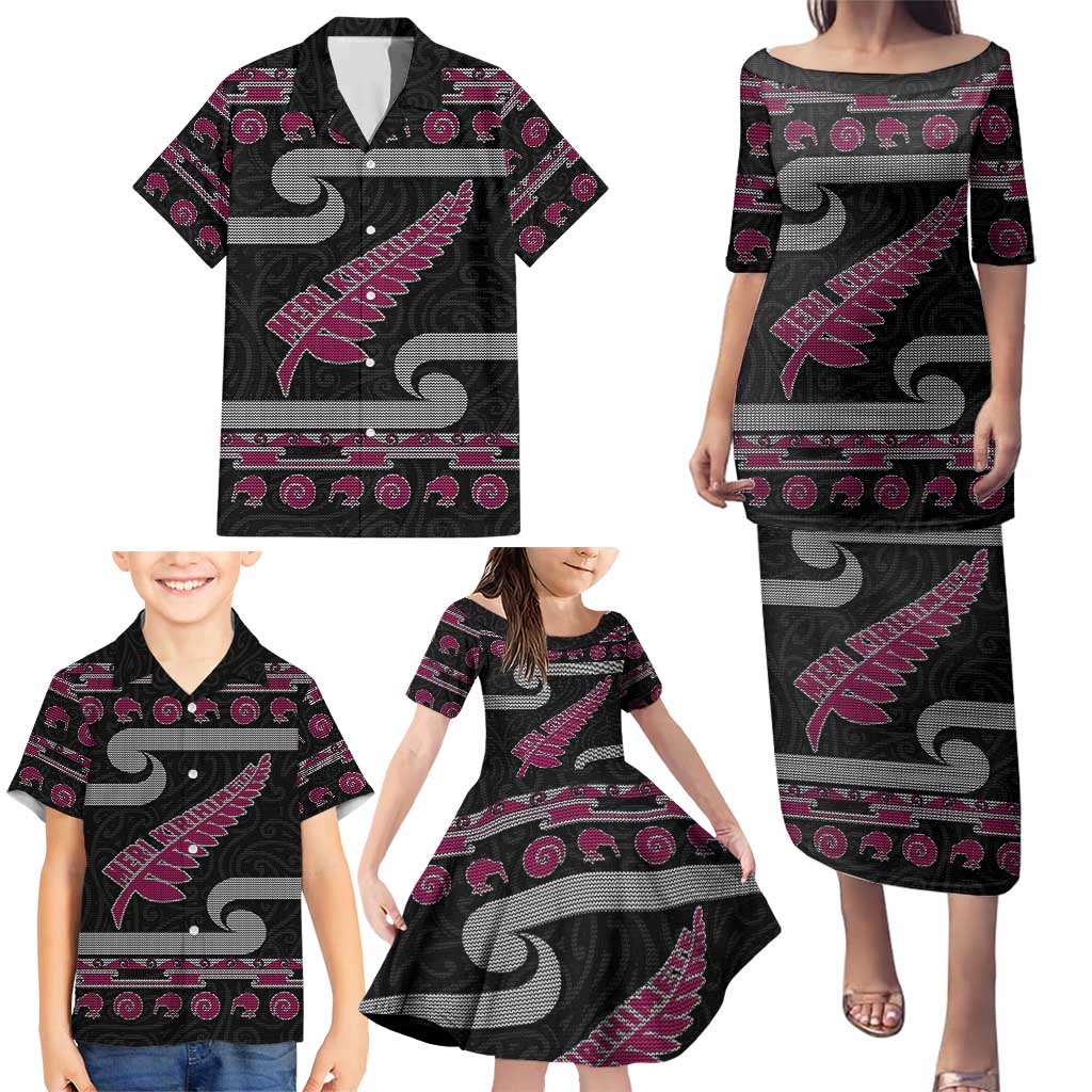 New Zealand Christmas Family Matching Puletasi and Hawaiian Shirt Meri Kirihimete Silver Fern Knit Style Pink Color LT03 - Polynesian Pride