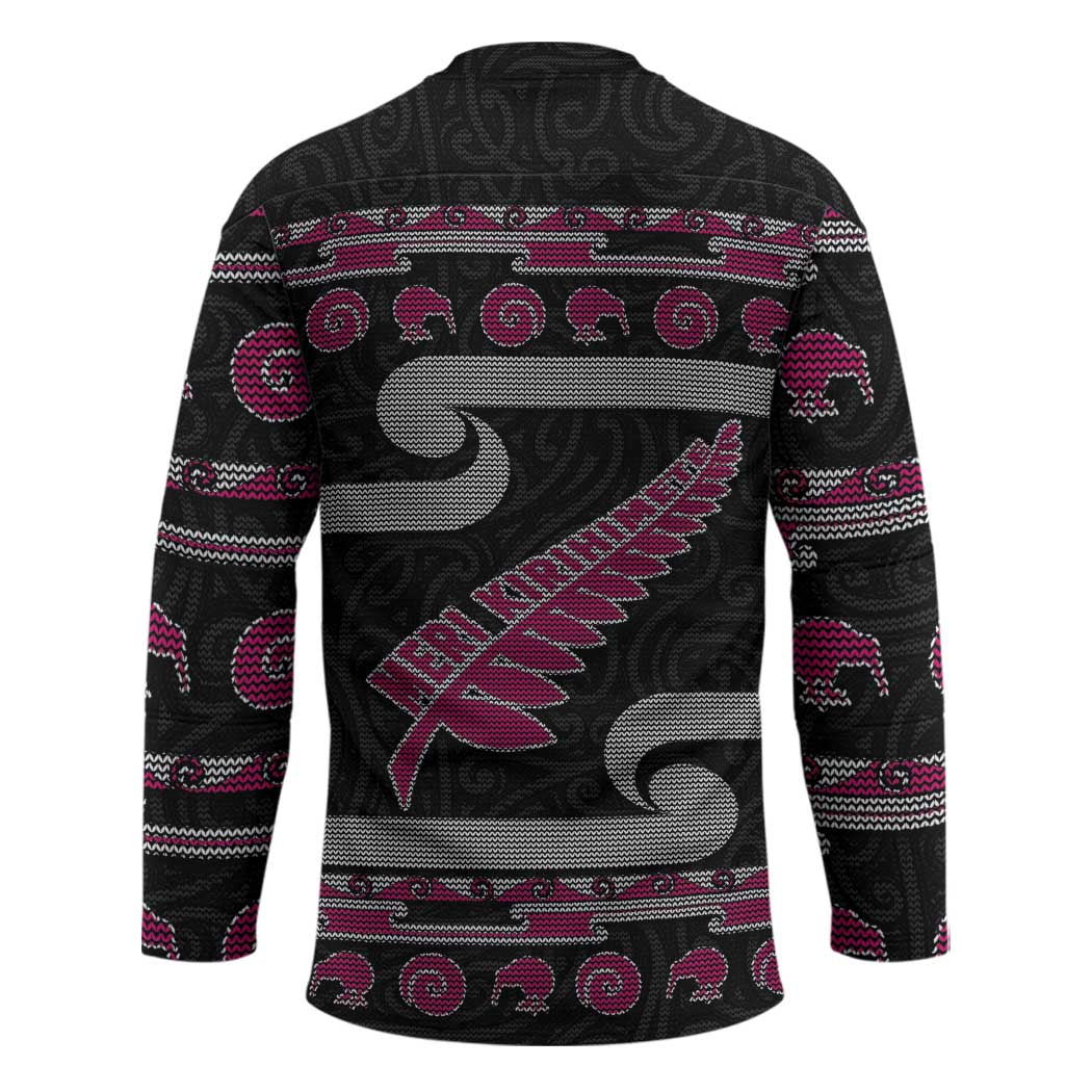 New Zealand Christmas Hockey Jersey Meri Kirihimete Silver Fern Knit Style Pink Color - Polynesian Pride