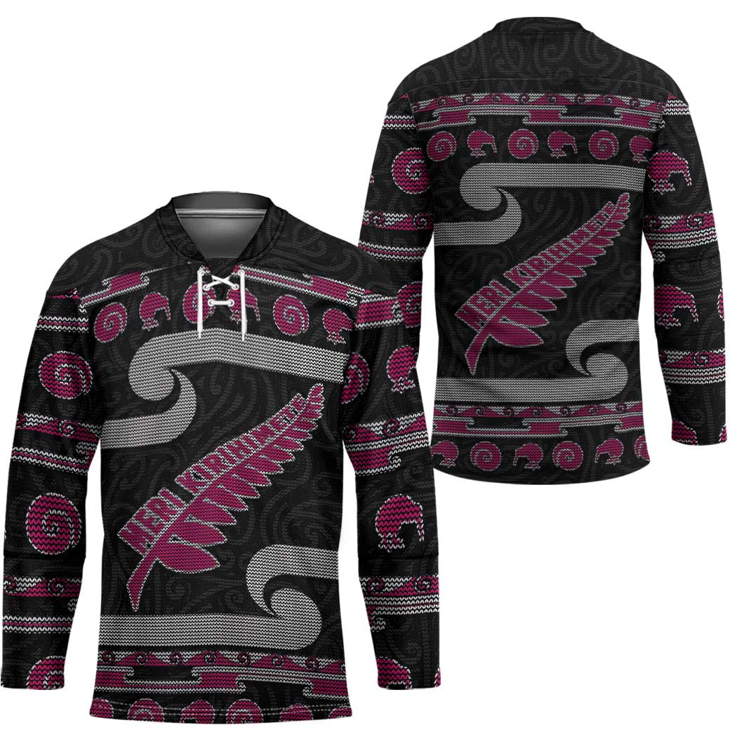 New Zealand Christmas Hockey Jersey Meri Kirihimete Silver Fern Knit Style Pink Color - Polynesian Pride