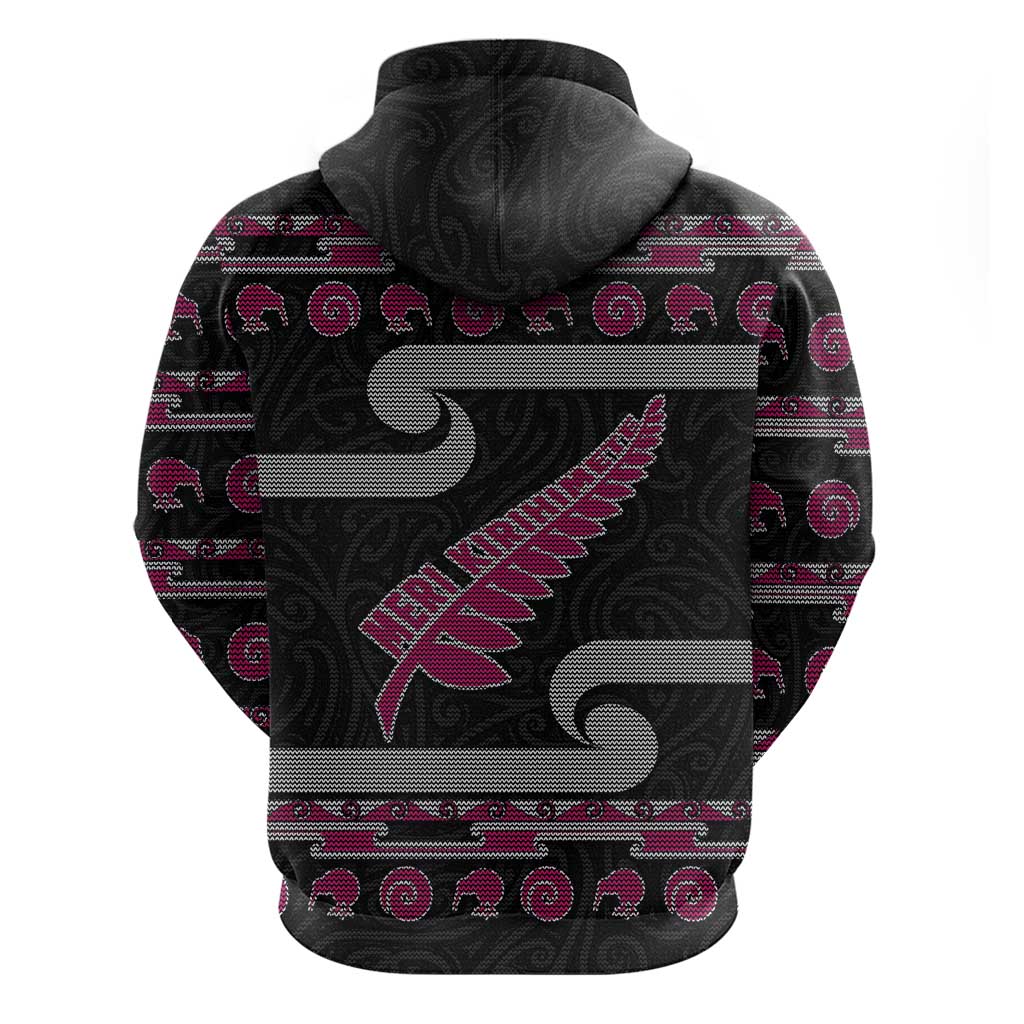 New Zealand Christmas Hoodie Meri Kirihimete Silver Fern Knit Style Pink Color - Polynesian Pride