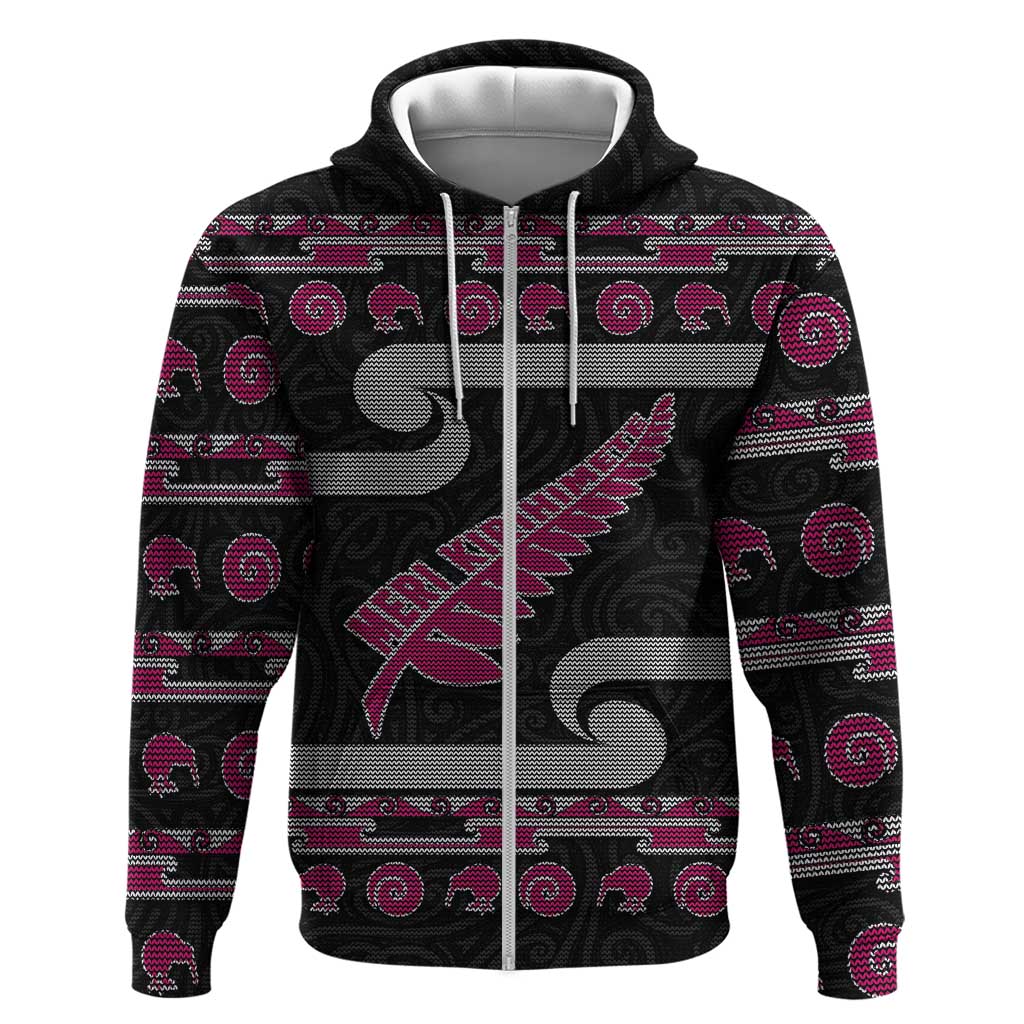 New Zealand Christmas Hoodie Meri Kirihimete Silver Fern Knit Style Pink Color - Polynesian Pride