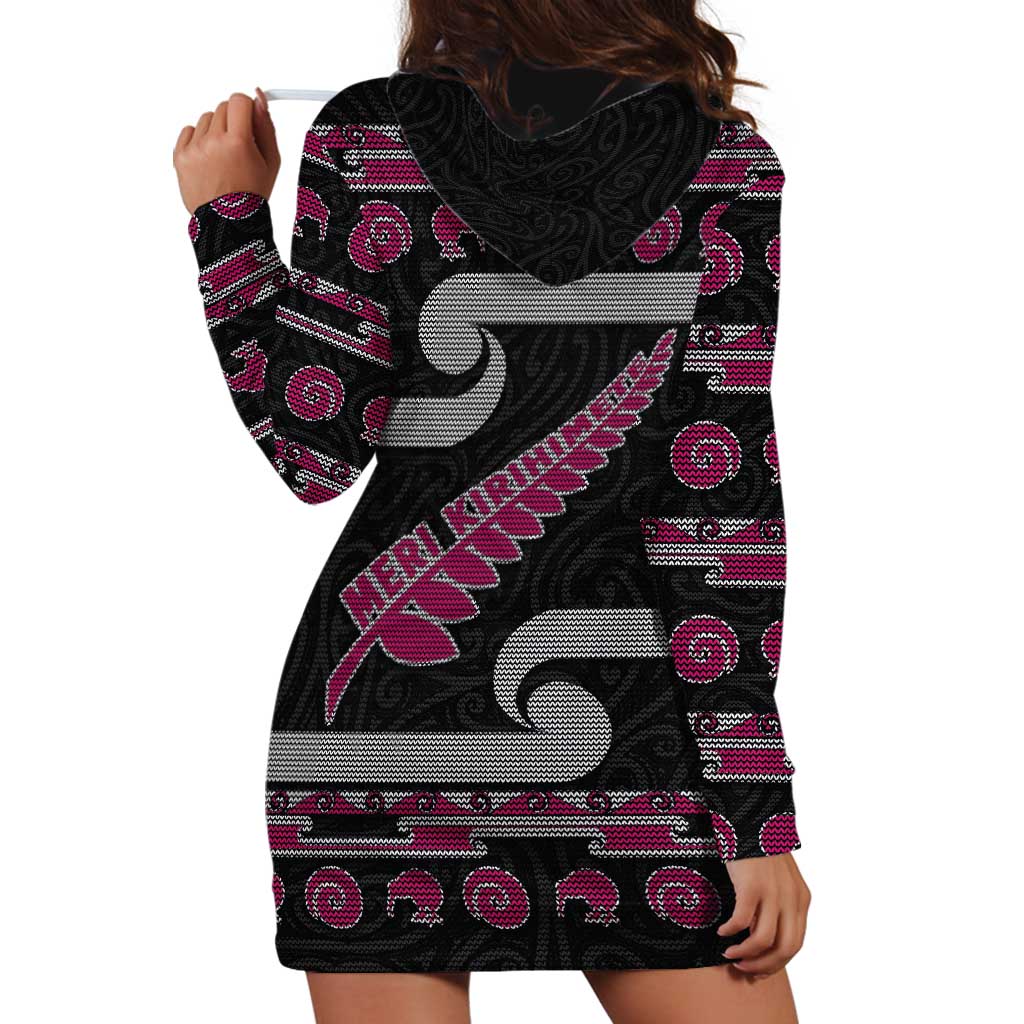 New Zealand Christmas Hoodie Dress Meri Kirihimete Silver Fern Knit Style Pink Color - Polynesian Pride
