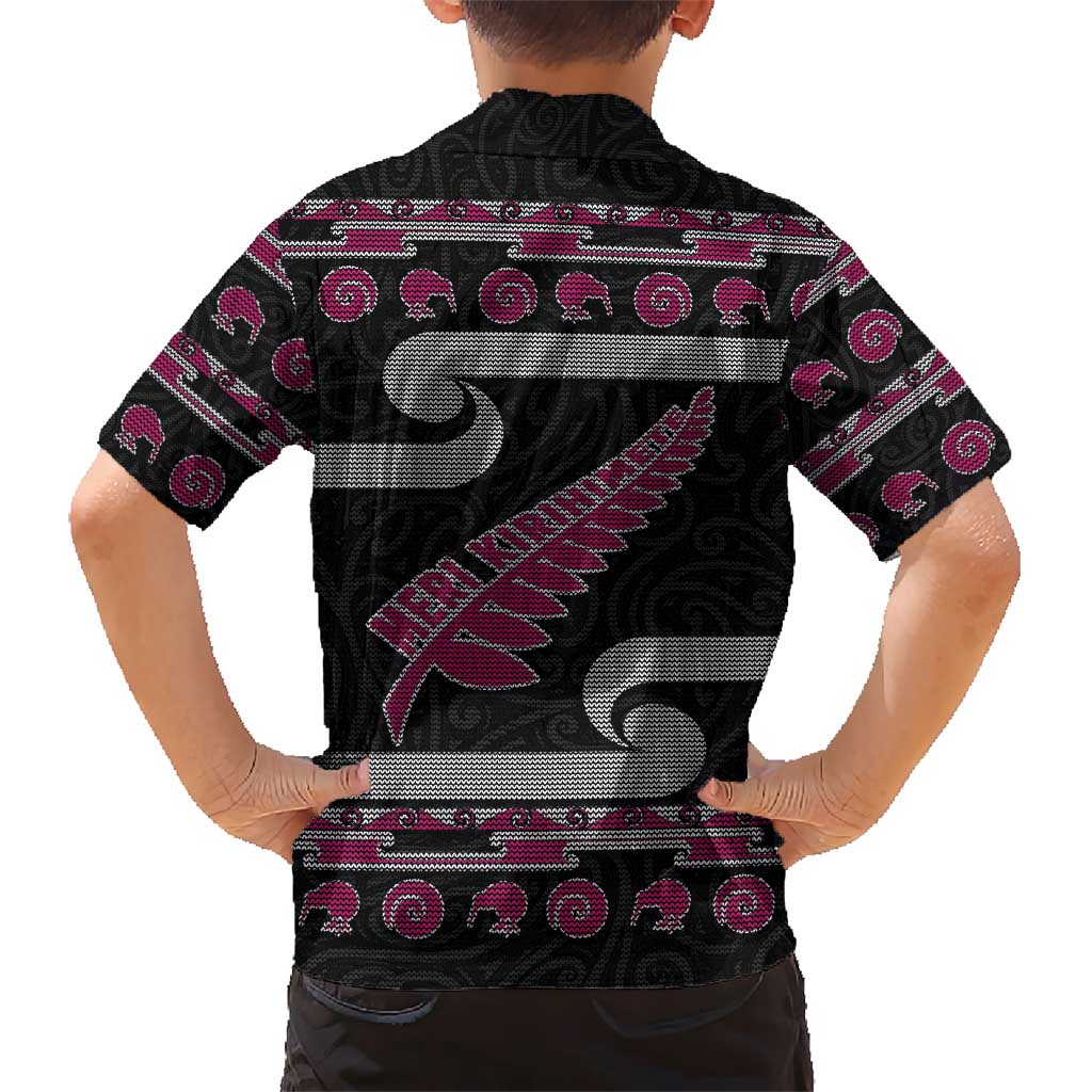 New Zealand Christmas Kid Hawaiian Shirt Meri Kirihimete Silver Fern Knit Style Pink Color - Polynesian Pride