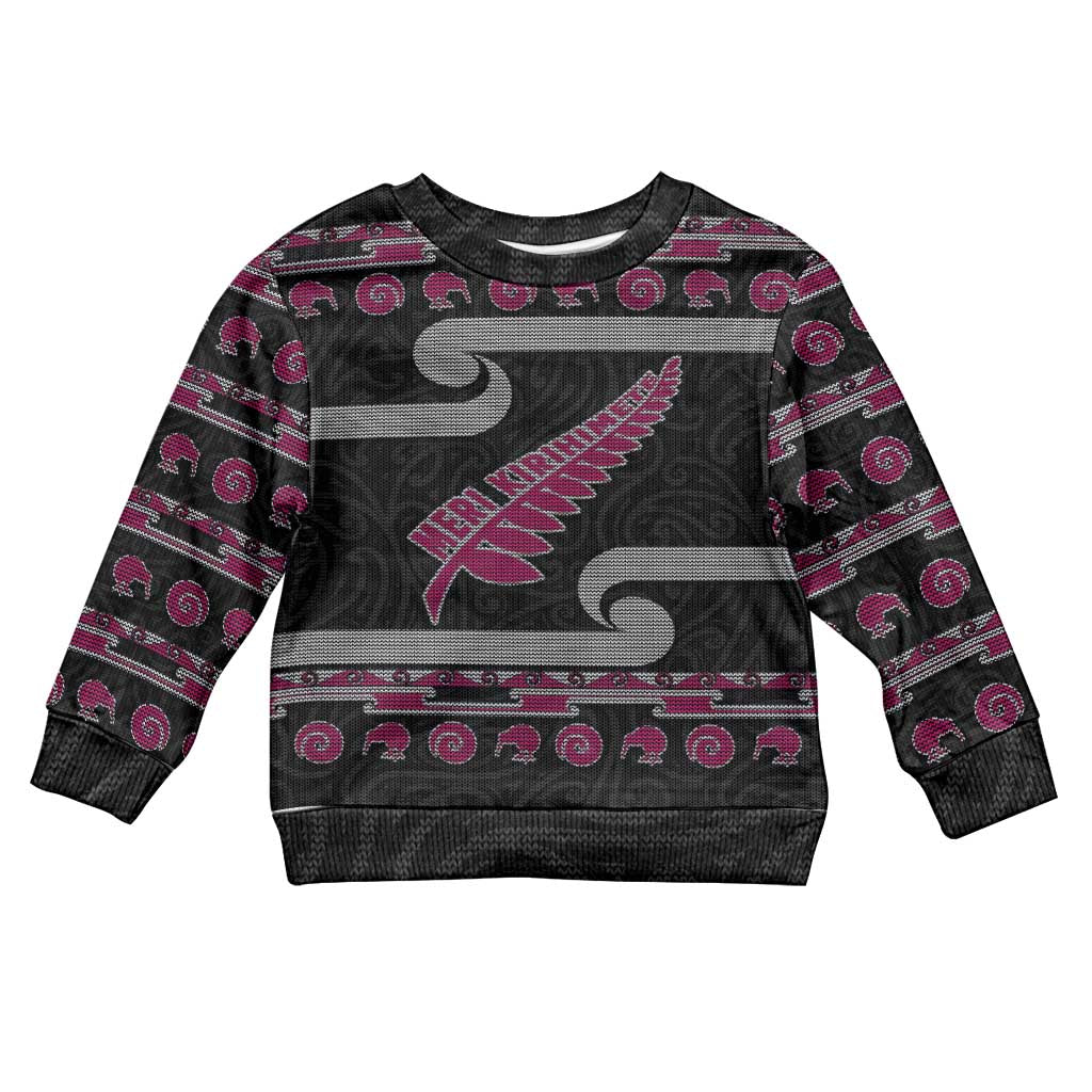 New Zealand Christmas Kid Ugly Christmas Sweater Meri Kirihimete Silver Fern Knit Style Pink Color - Polynesian Pride