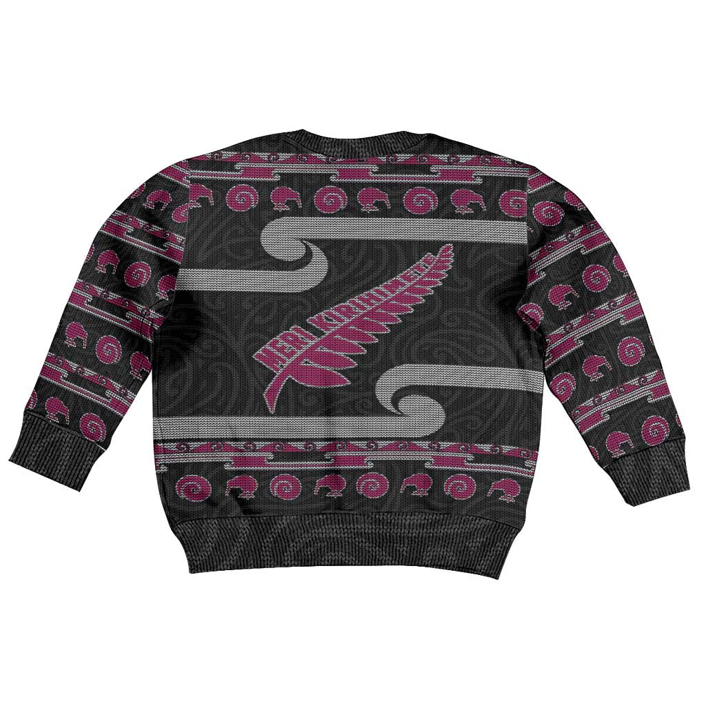 New Zealand Christmas Kid Ugly Christmas Sweater Meri Kirihimete Silver Fern Knit Style Pink Color - Polynesian Pride