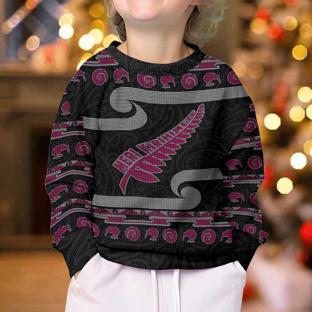 New Zealand Christmas Kid Ugly Christmas Sweater Meri Kirihimete Silver Fern Knit Style Pink Color - Polynesian Pride