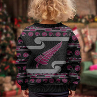 New Zealand Christmas Kid Ugly Christmas Sweater Meri Kirihimete Silver Fern Knit Style Pink Color - Polynesian Pride