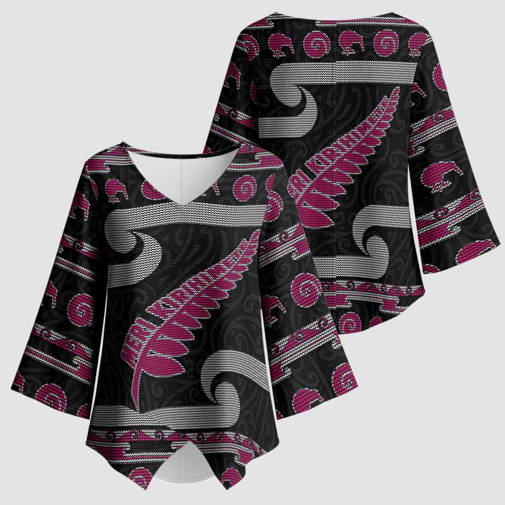 New Zealand Christmas Kimono Sleeve Blouse Meri Kirihimete Silver Fern Knit Style Pink Color - Polynesian Pride