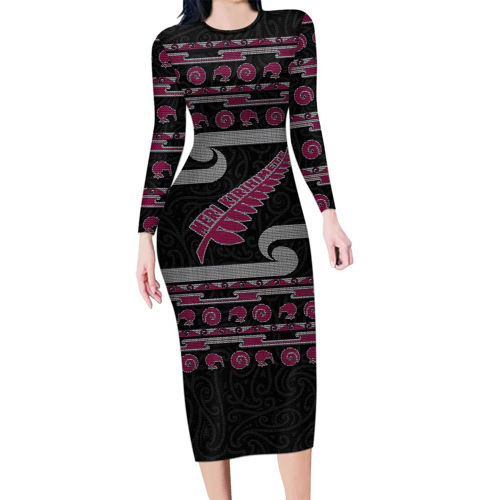 New Zealand Christmas Long Sleeve Bodycon Dress Meri Kirihimete Silver Fern Knit Style Pink Color - Polynesian Pride