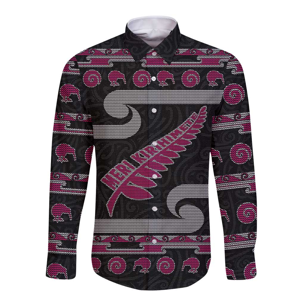 New Zealand Christmas Long Sleeve Button Shirt Meri Kirihimete Silver Fern Knit Style Pink Color LT03 Unisex Pink - Polynesian Pride