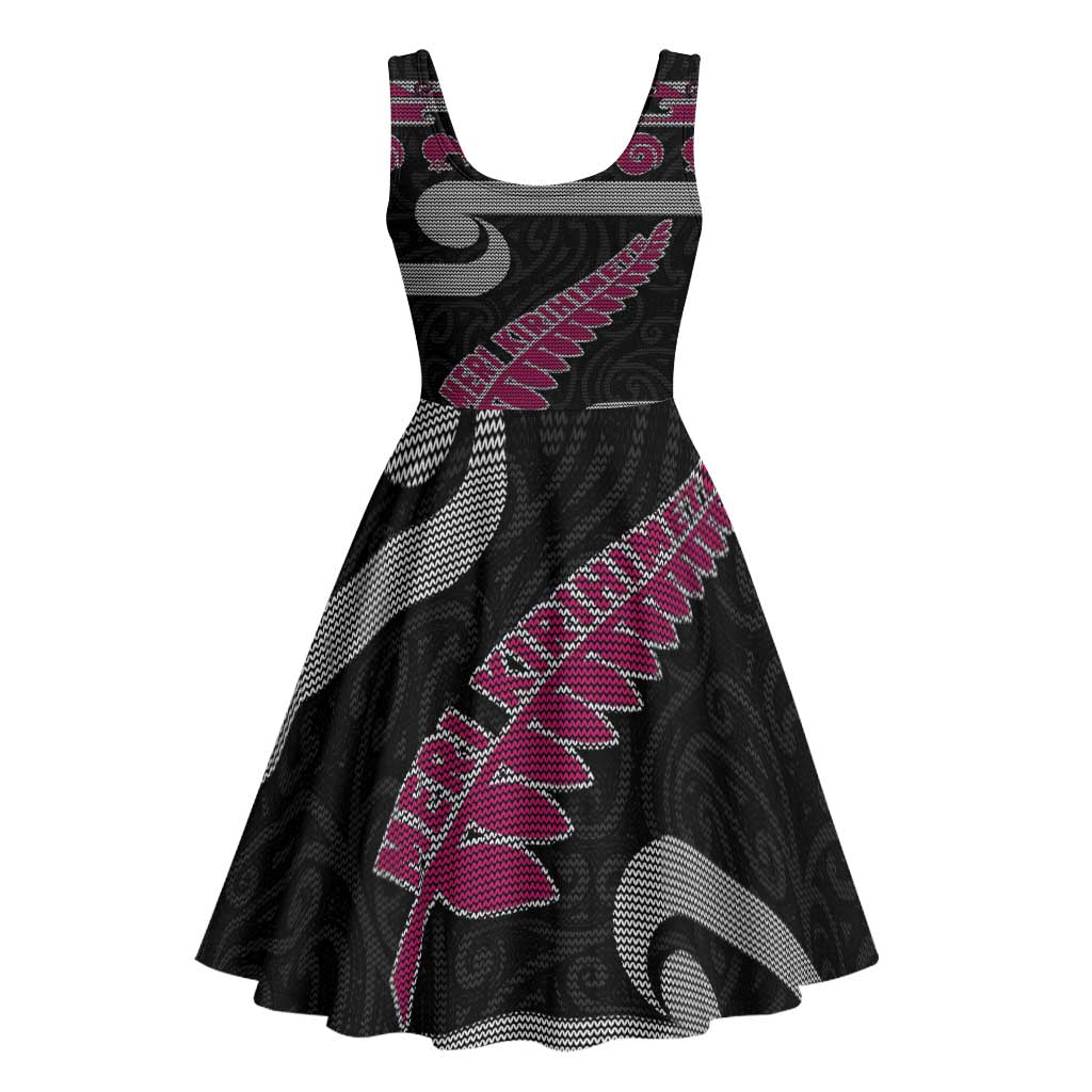 New Zealand Christmas Midi Dress Meri Kirihimete Silver Fern Knit Style Pink Color - Polynesian Pride