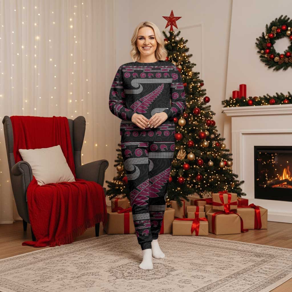 New Zealand Christmas Pajama Set Meri Kirihimete Silver Fern Knit Style Pink Color - Polynesian Pride