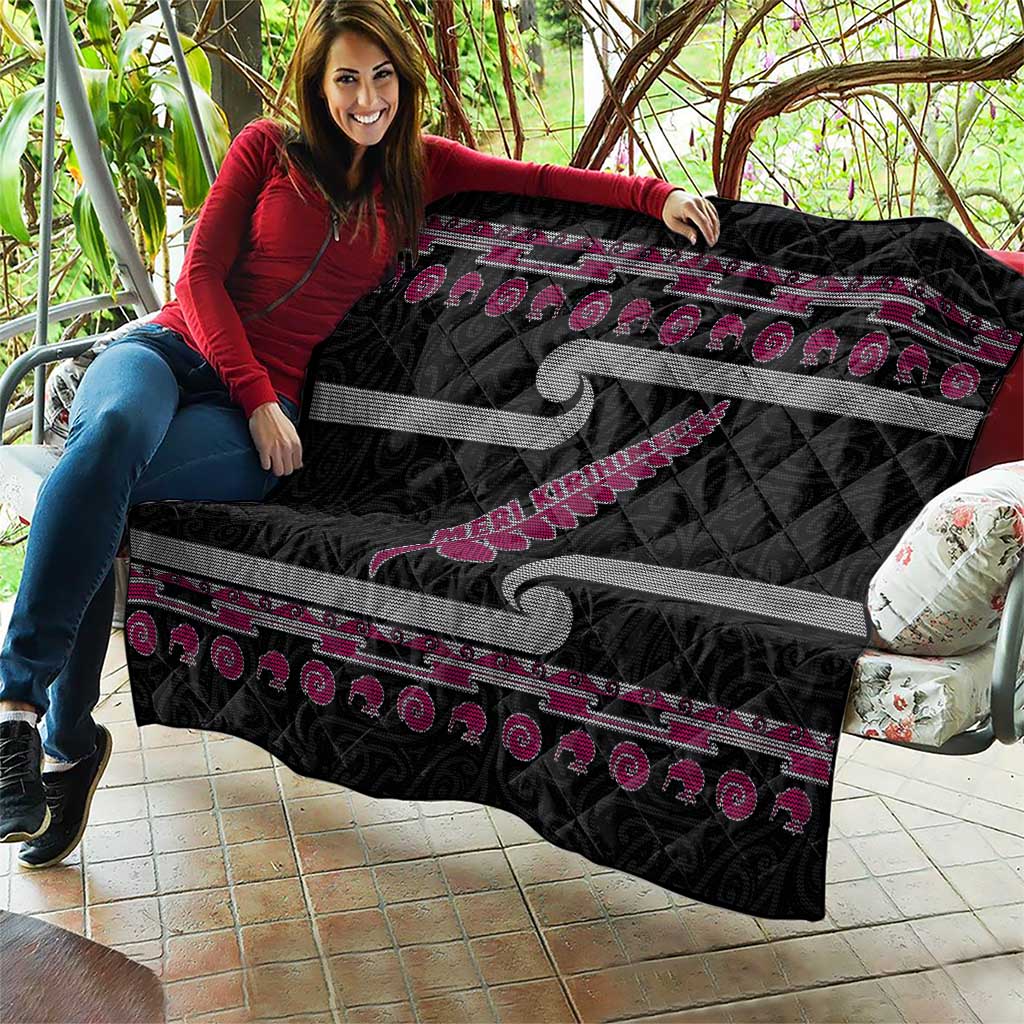 New Zealand Christmas Quilt Meri Kirihimete Silver Fern Knit Style Pink Color - Polynesian Pride