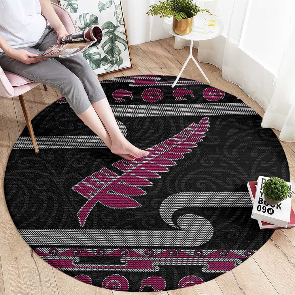 New Zealand Christmas Round Carpet Meri Kirihimete Silver Fern Knit Style Pink Color - Polynesian Pride