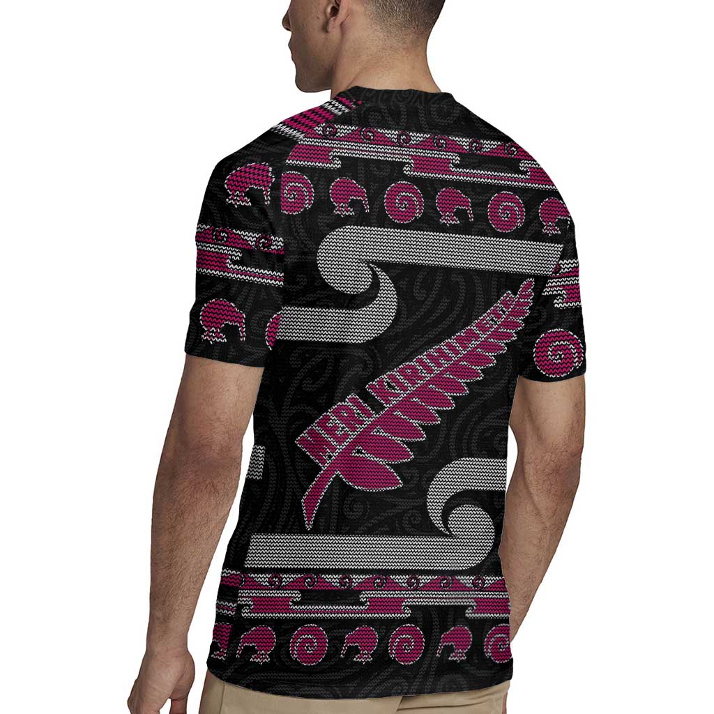 New Zealand Christmas Rugby Jersey Meri Kirihimete Silver Fern Knit Style Pink Color - Polynesian Pride