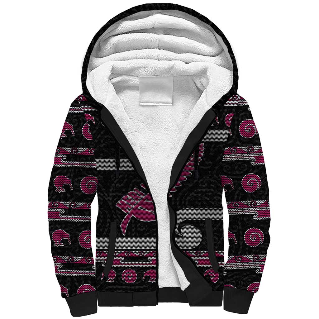 New Zealand Christmas Sherpa Hoodie Meri Kirihimete Silver Fern Knit Style Pink Color - Polynesian Pride