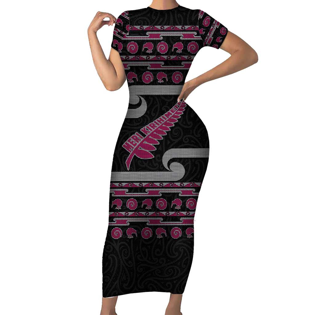New Zealand Christmas Short Sleeve Bodycon Dress Meri Kirihimete Silver Fern Knit Style Pink Color - Polynesian Pride
