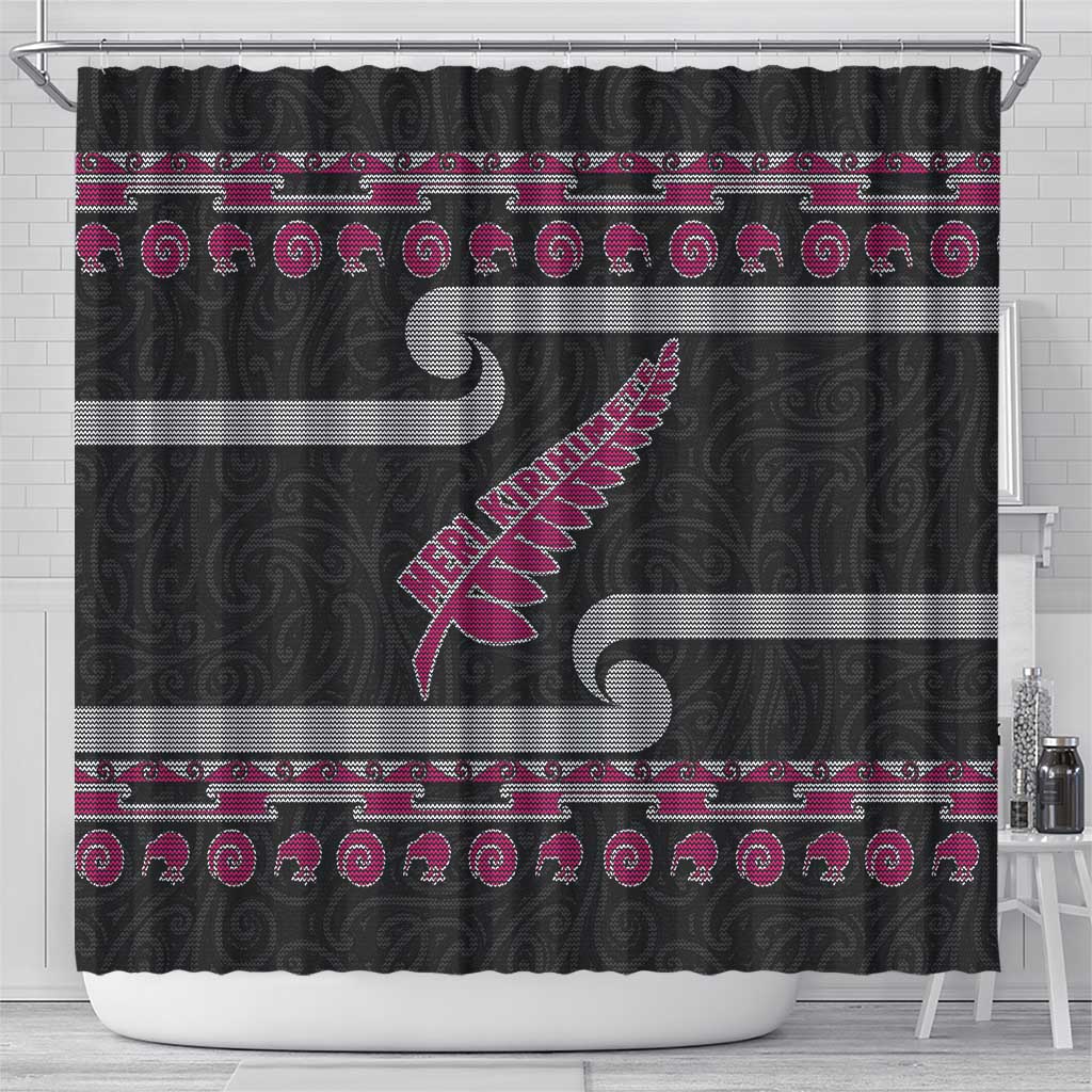 New Zealand Christmas Shower Curtain Meri Kirihimete Silver Fern Knit Style Pink Color - Polynesian Pride