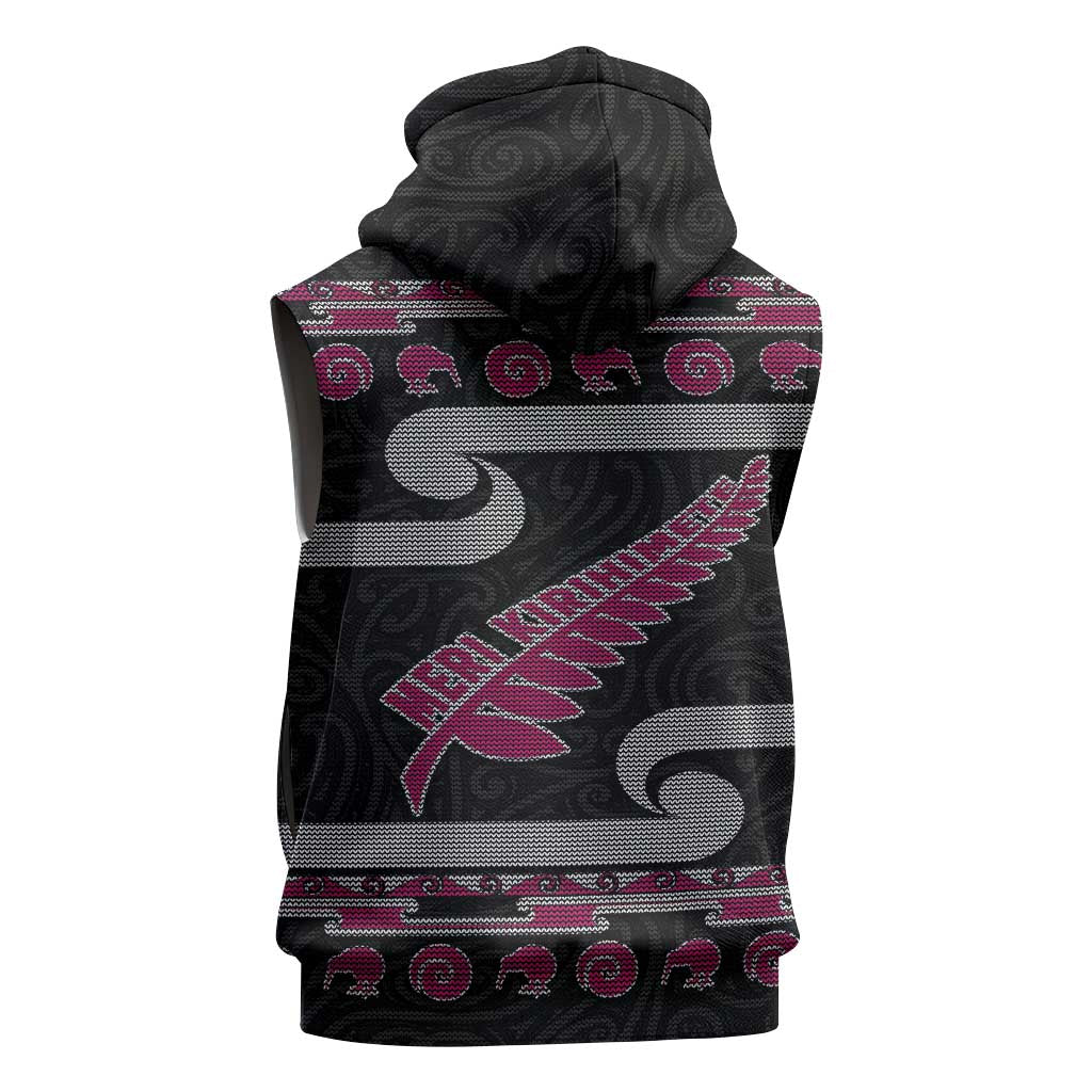 New Zealand Christmas Sleeveless Hoodie Meri Kirihimete Silver Fern Knit Style Pink Color - Polynesian Pride
