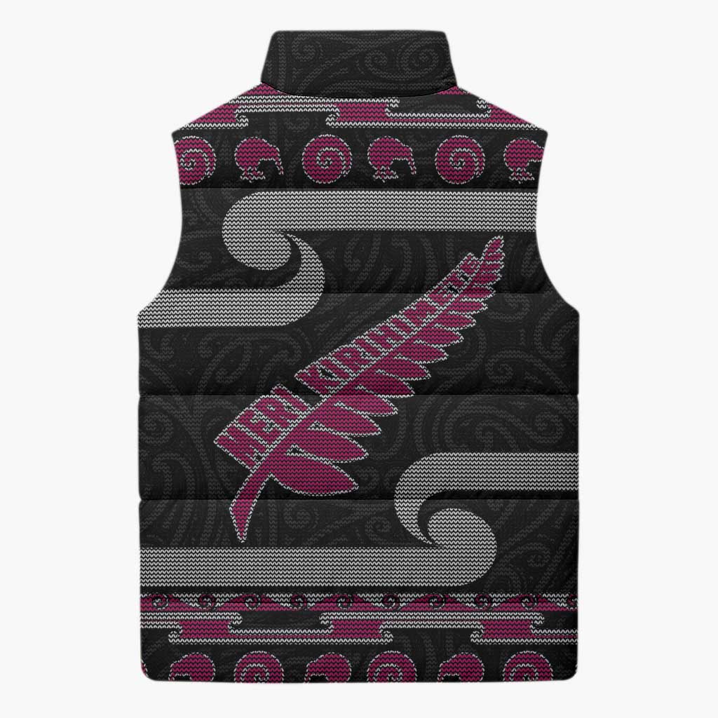 New Zealand Christmas Sleeveless Puffer Jacket Meri Kirihimete Silver Fern Knit Style Pink Color - Polynesian Pride