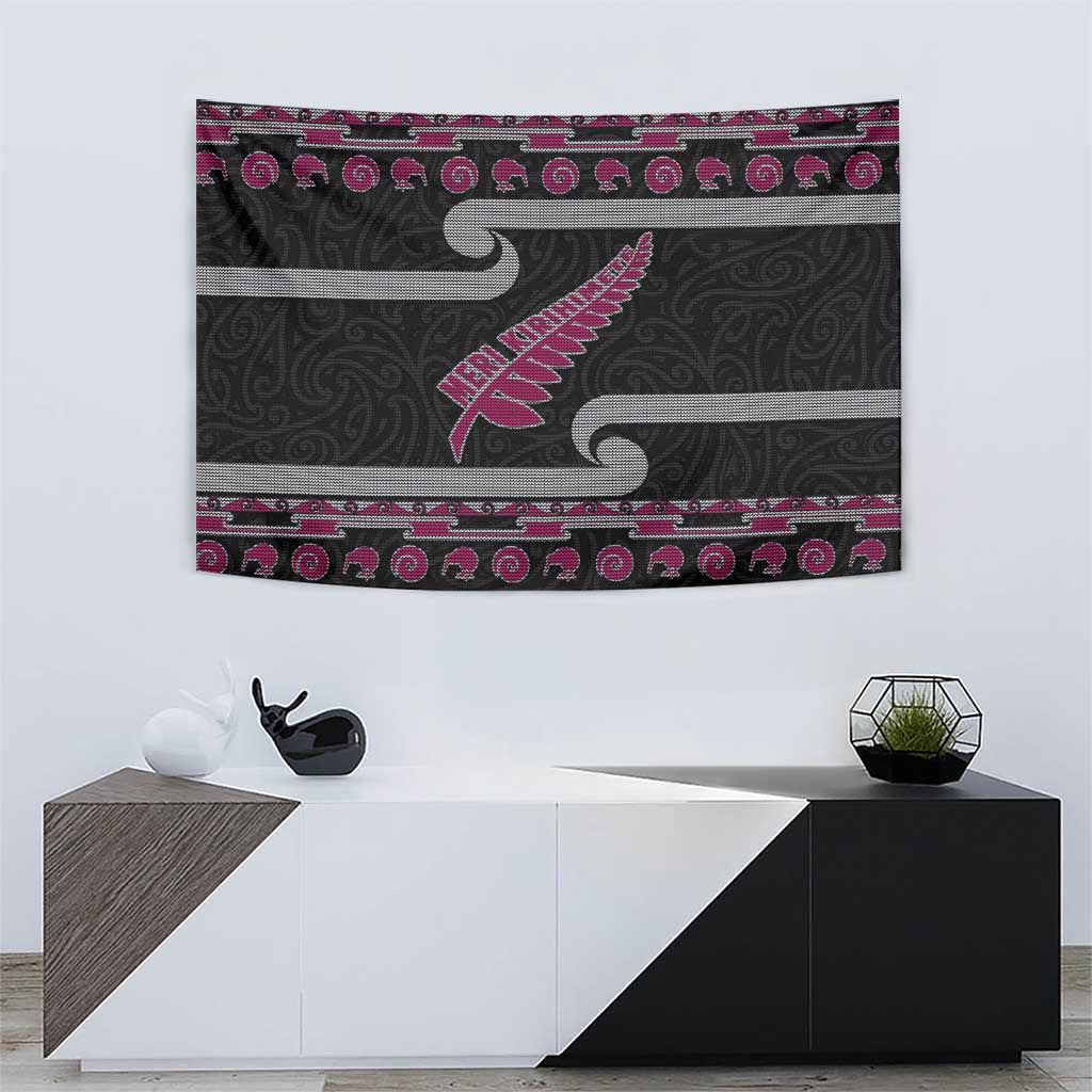 New Zealand Christmas Tapestry Meri Kirihimete Silver Fern Knit Style Pink Color - Polynesian Pride