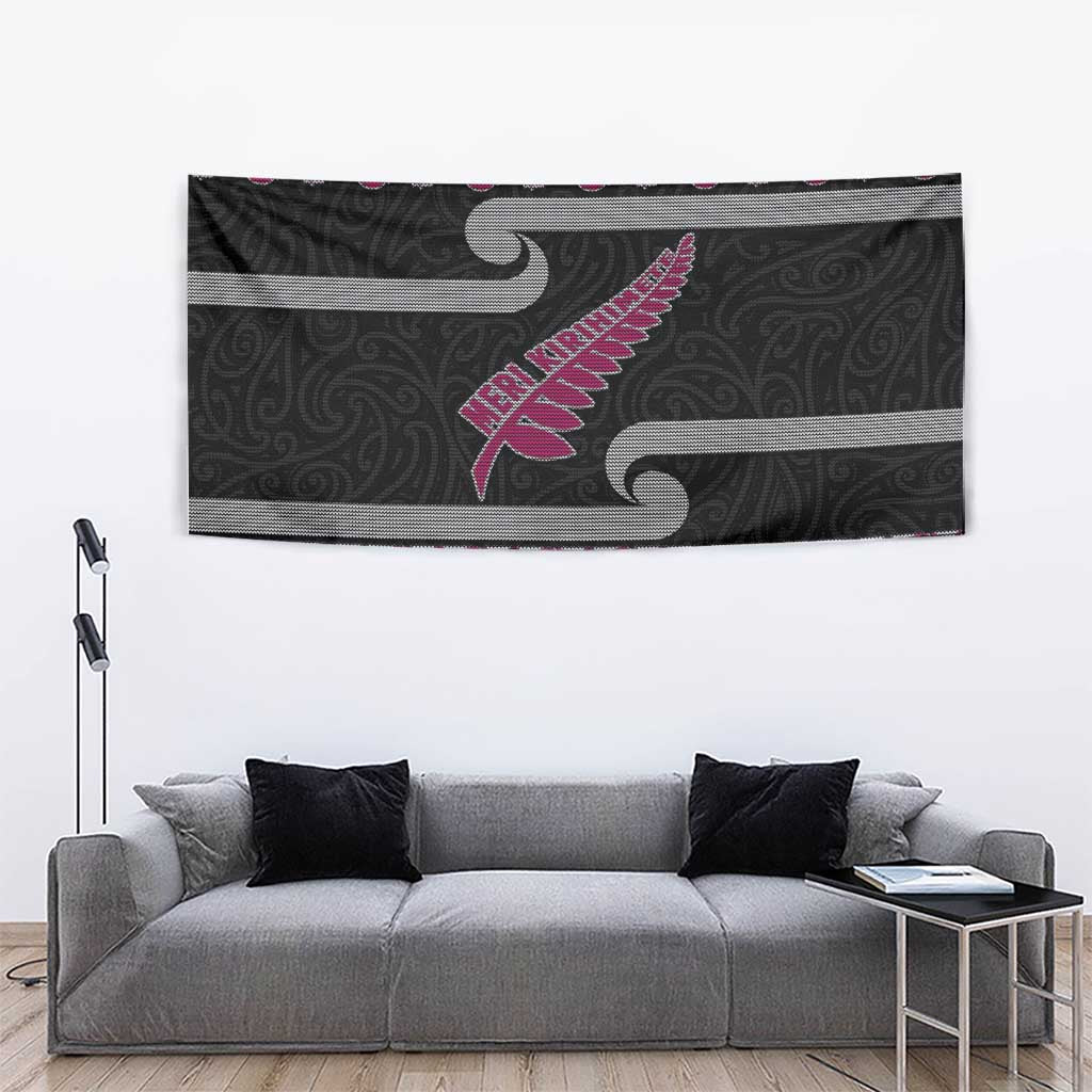 New Zealand Christmas Tapestry Meri Kirihimete Silver Fern Knit Style Pink Color - Polynesian Pride