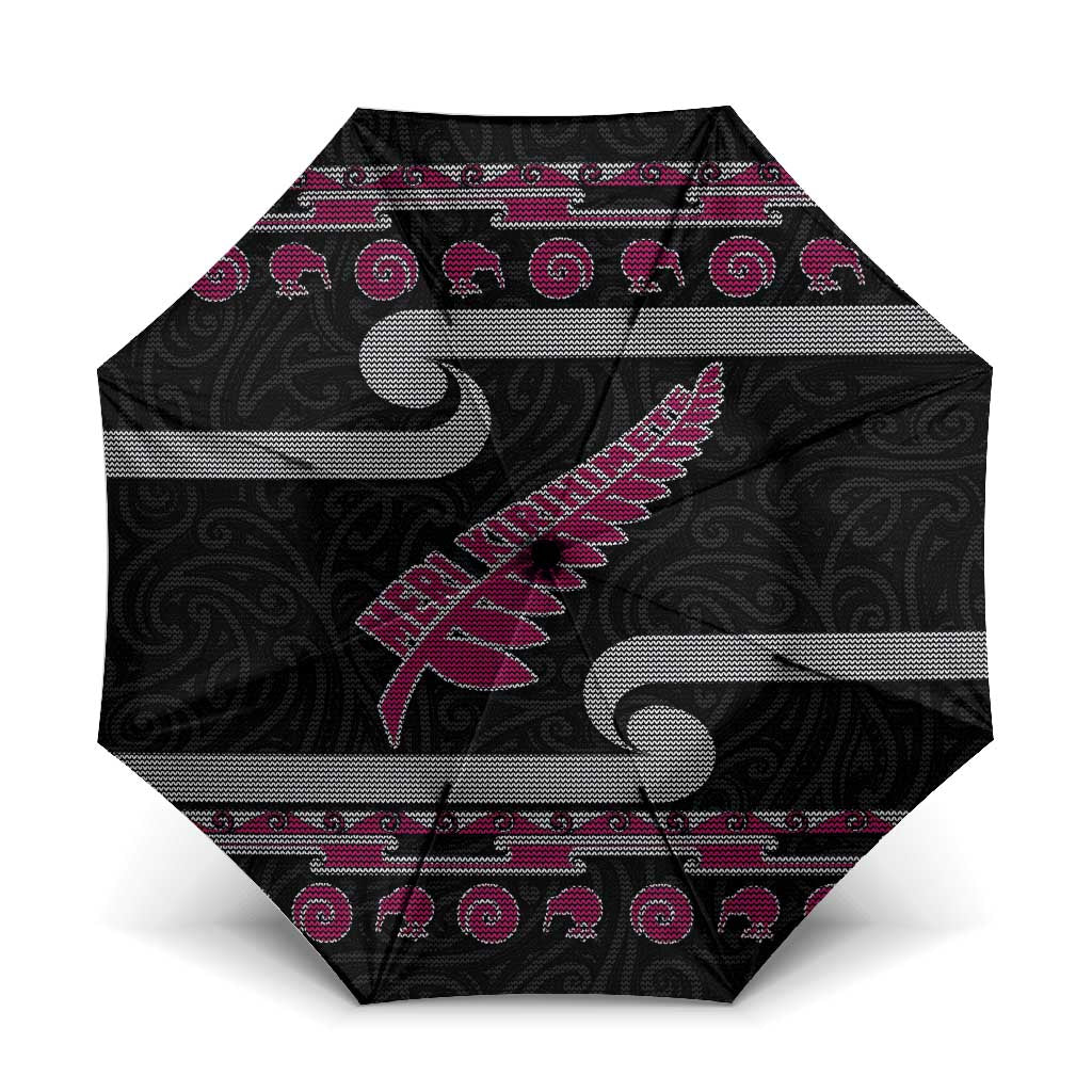 New Zealand Christmas Umbrella Meri Kirihimete Silver Fern Knit Style Pink Color - Polynesian Pride