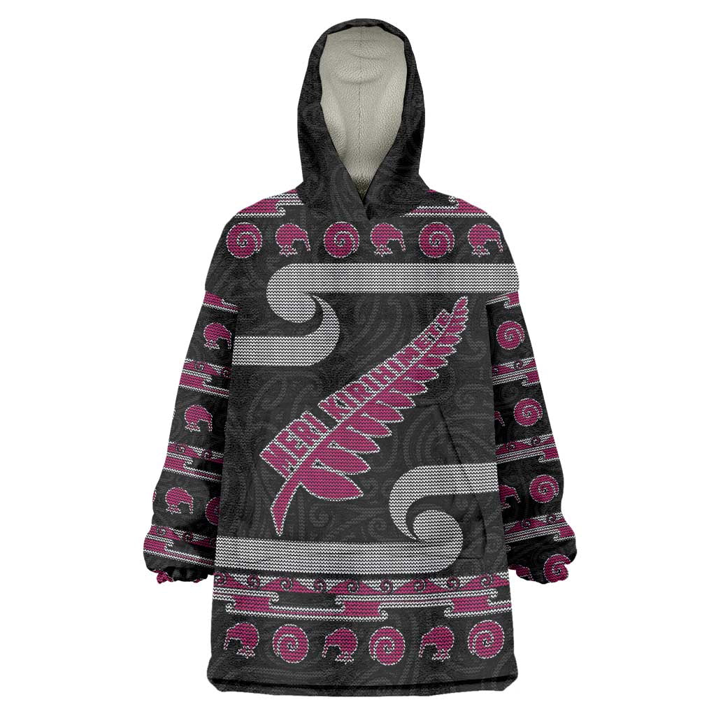 New Zealand Christmas Wearable Blanket Hoodie Meri Kirihimete Silver Fern Knit Style Pink Color LT03 One Size Pink - Polynesian Pride