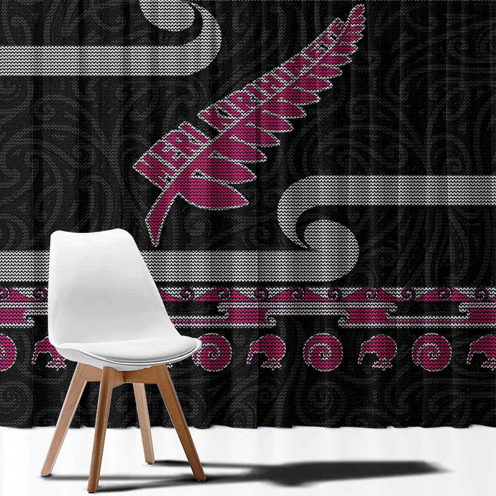 New Zealand Christmas Window Curtain Meri Kirihimete Silver Fern Knit Style Pink Color - Polynesian Pride