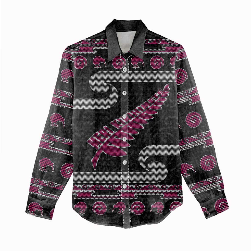 New Zealand Christmas Women Casual Shirt Meri Kirihimete Silver Fern Knit Style Pink Color - Polynesian Pride