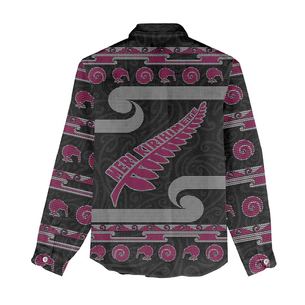New Zealand Christmas Women Casual Shirt Meri Kirihimete Silver Fern Knit Style Pink Color - Polynesian Pride