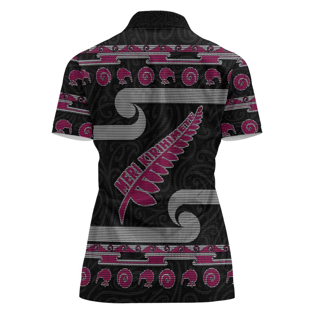 New Zealand Christmas Women Polo Shirt Meri Kirihimete Silver Fern Knit Style Pink Color - Polynesian Pride