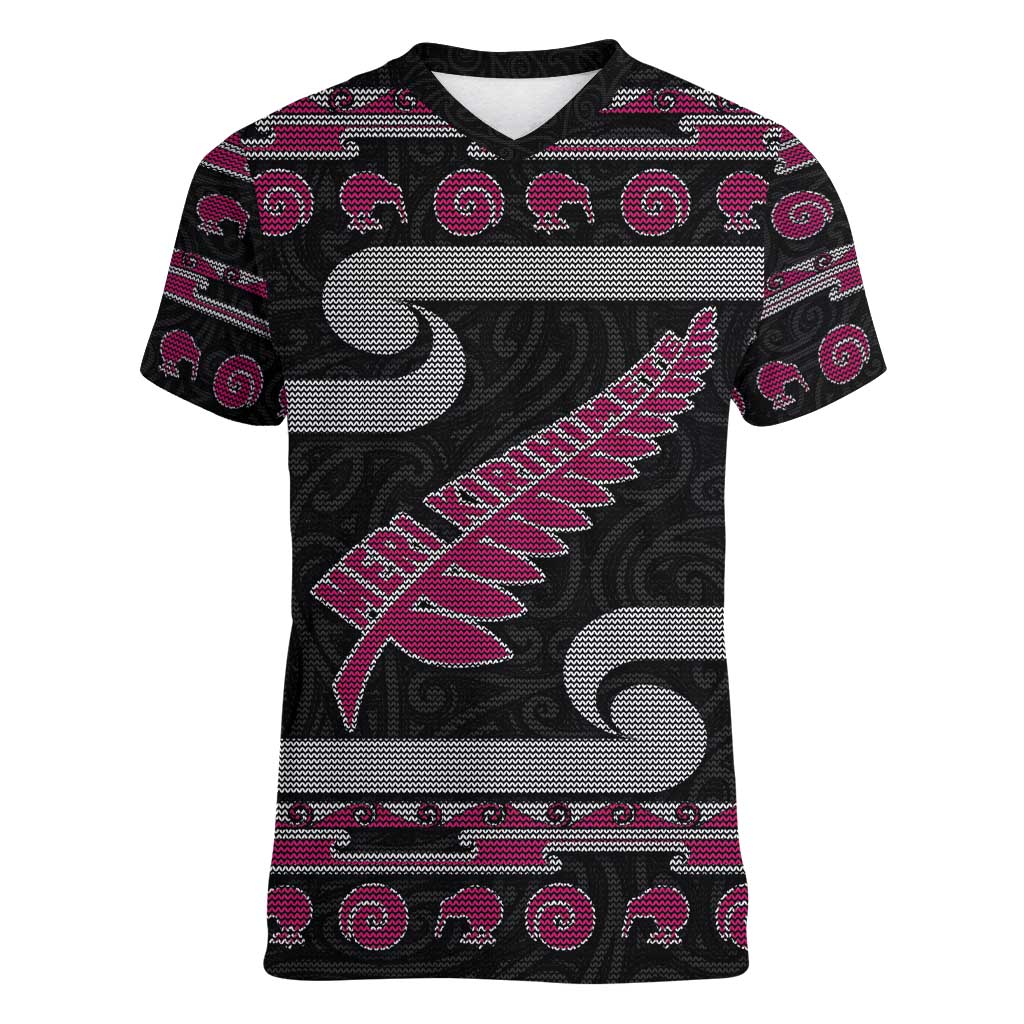 New Zealand Christmas Women V-Neck T-Shirt Meri Kirihimete Silver Fern Knit Style Pink Color - Polynesian Pride