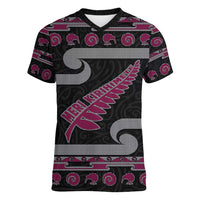 New Zealand Christmas Women V-Neck T-Shirt Meri Kirihimete Silver Fern Knit Style Pink Color - Polynesian Pride