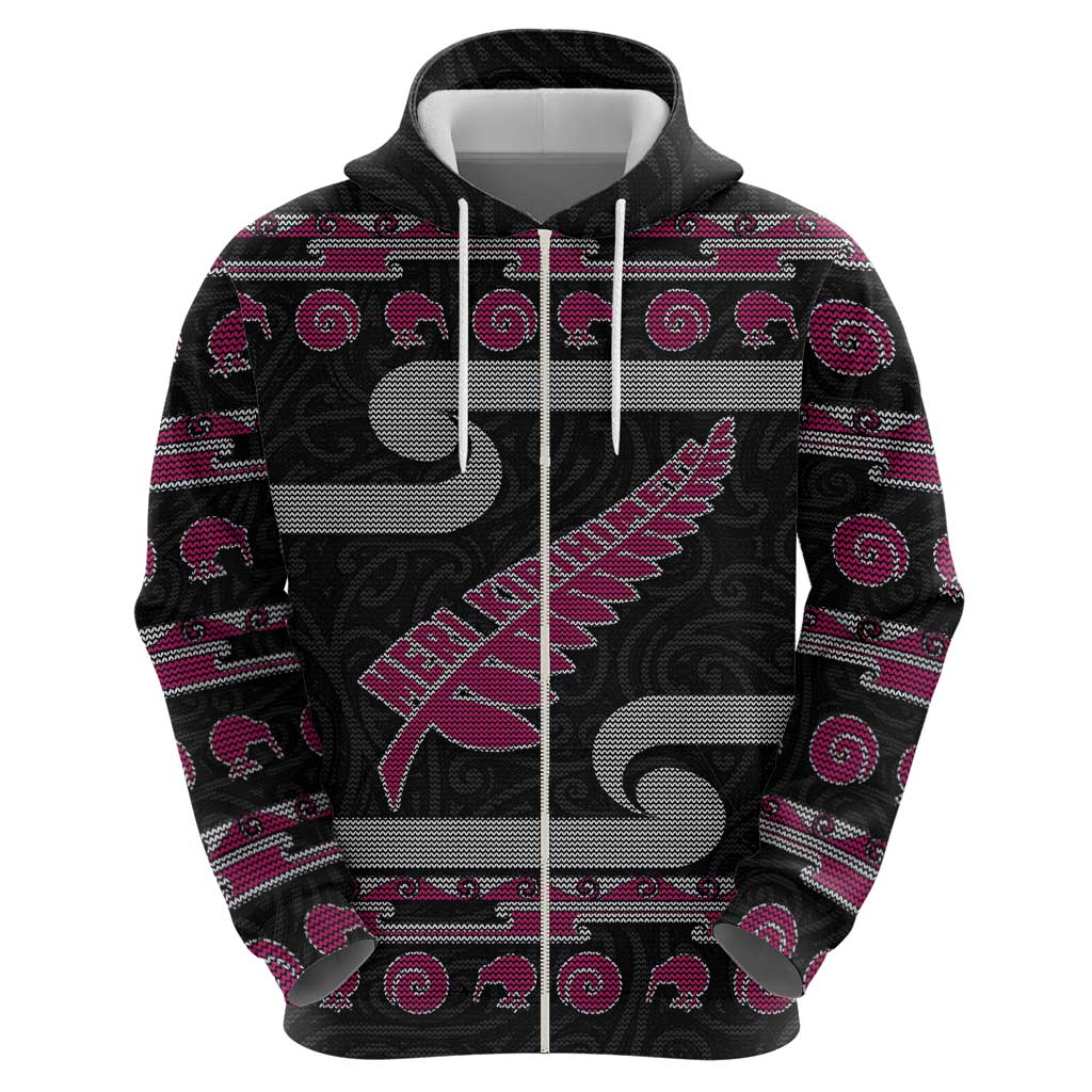New Zealand Christmas Zip Hoodie Meri Kirihimete Silver Fern Knit Style Pink Color - Polynesian Pride