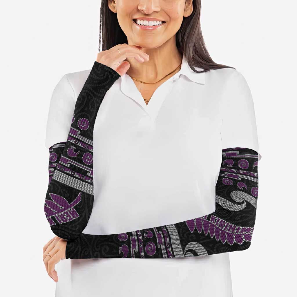 New Zealand Christmas Arm Sleeves Meri Kirihimete Silver Fern Knit Style Purple Color - Polynesian Pride