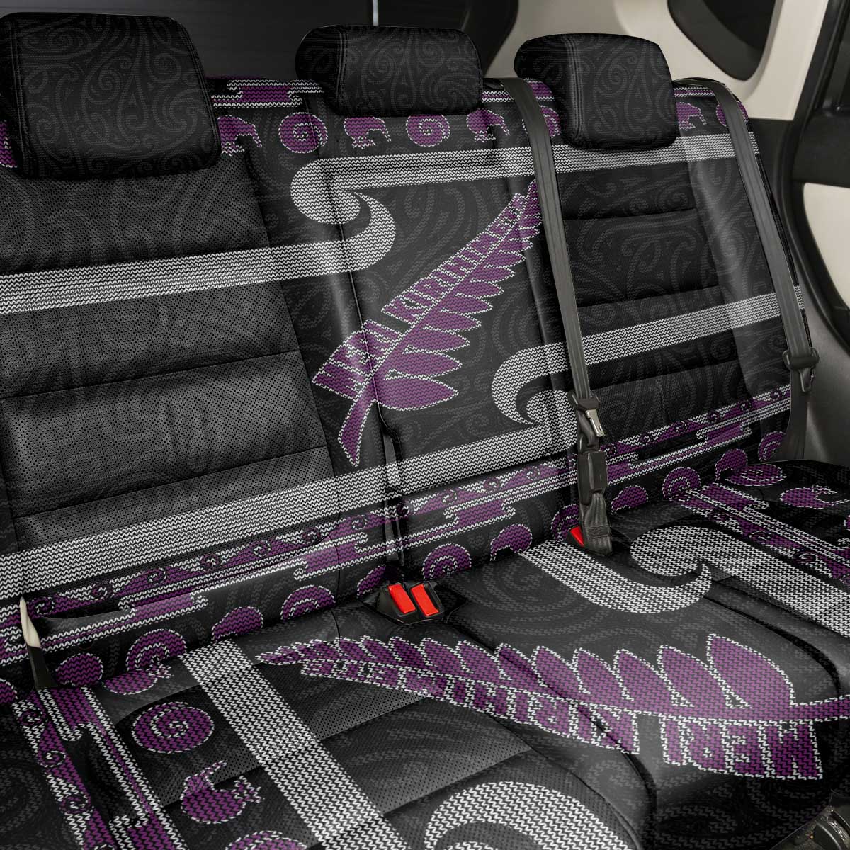 New Zealand Christmas Back Car Seat Cover Meri Kirihimete Silver Fern Knit Style Purple Color - Polynesian Pride