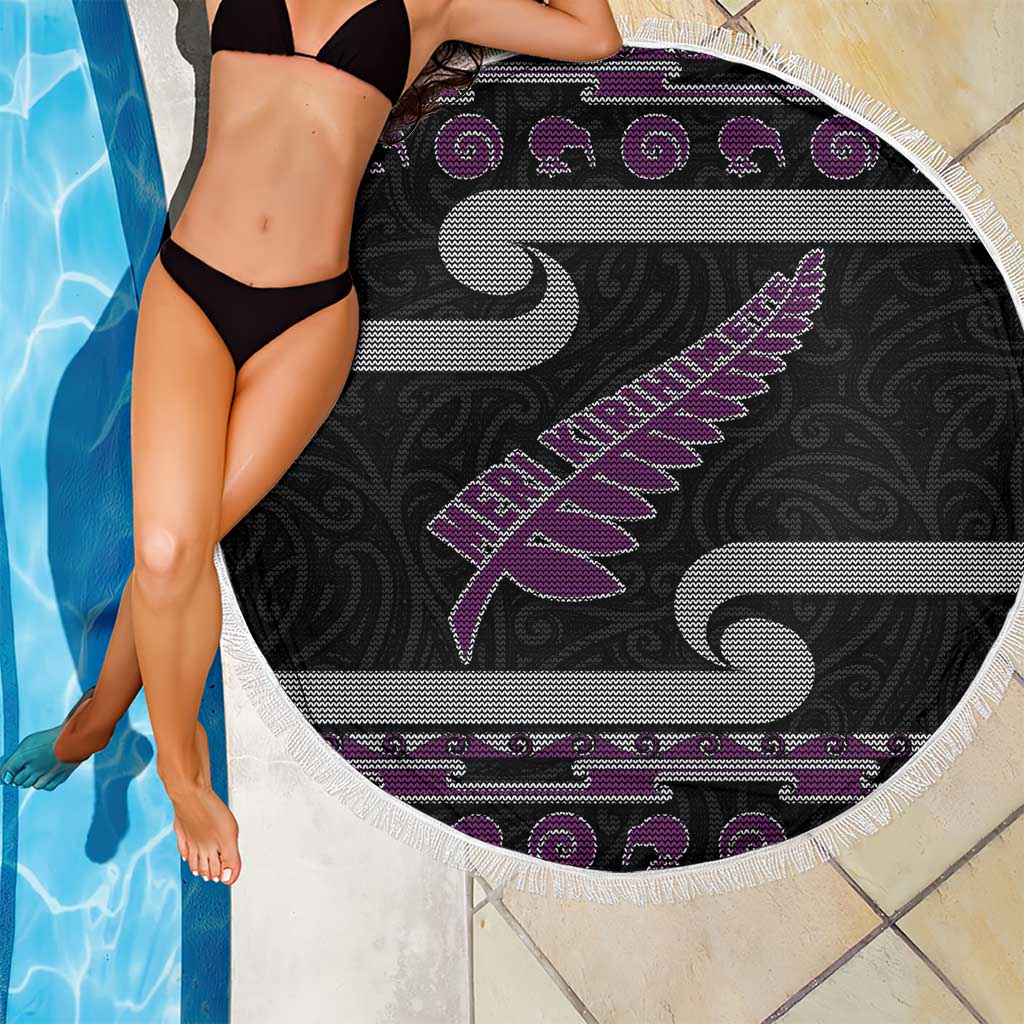 New Zealand Christmas Beach Blanket Meri Kirihimete Silver Fern Knit Style Purple Color - Polynesian Pride